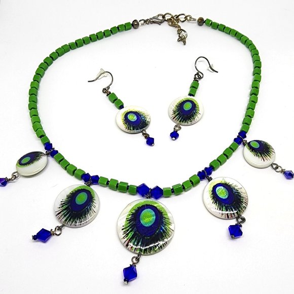 Vintage Peacock Blue Green MOP Handmade One of a Kind Necklace Earrings Set - Picture 3 of 8